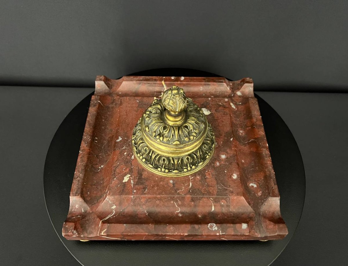 Encrier ancien en marbre rouge et bronze doré – fin XIXe siècle-photo-3