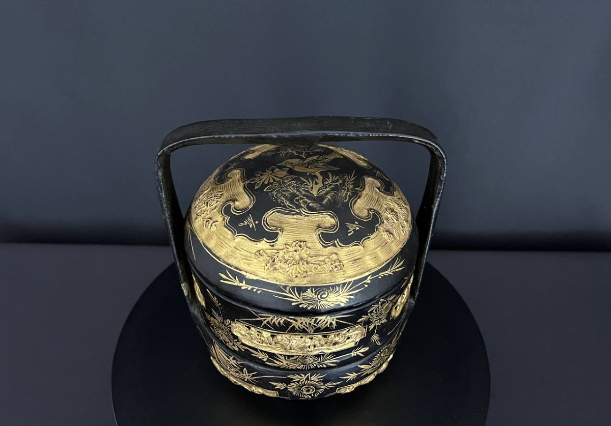 Ancien panier chinois en laque noire et or-photo-4