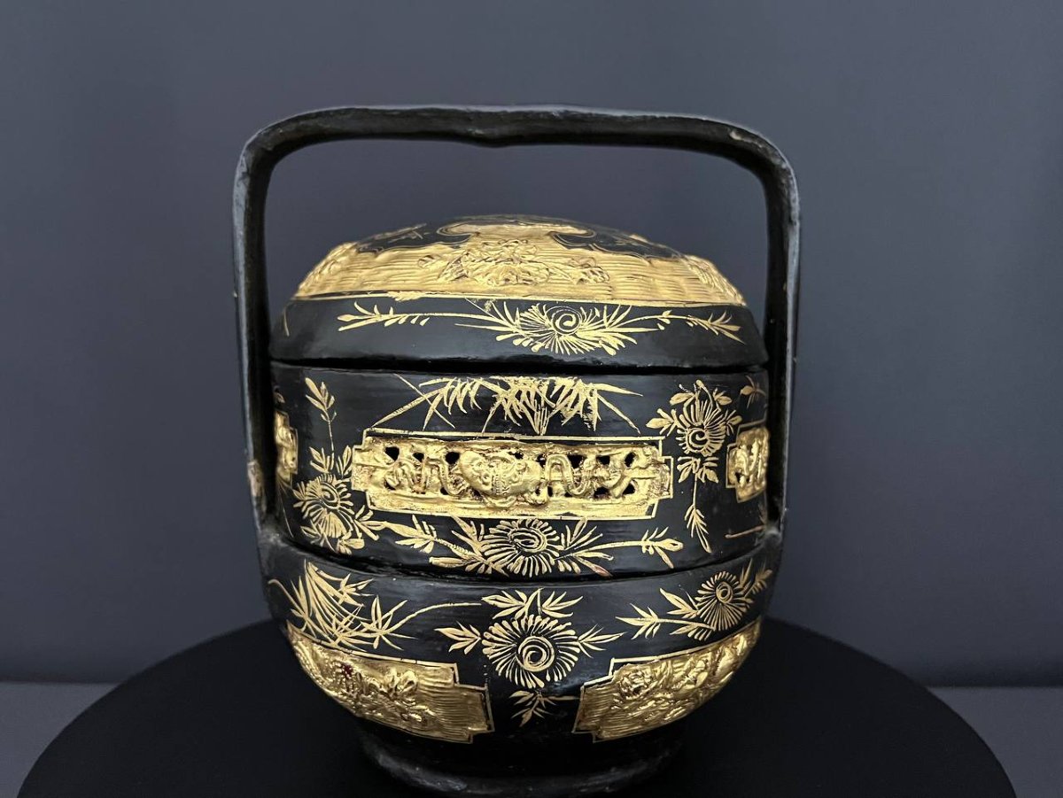 Ancien panier chinois en laque noire et or-photo-4