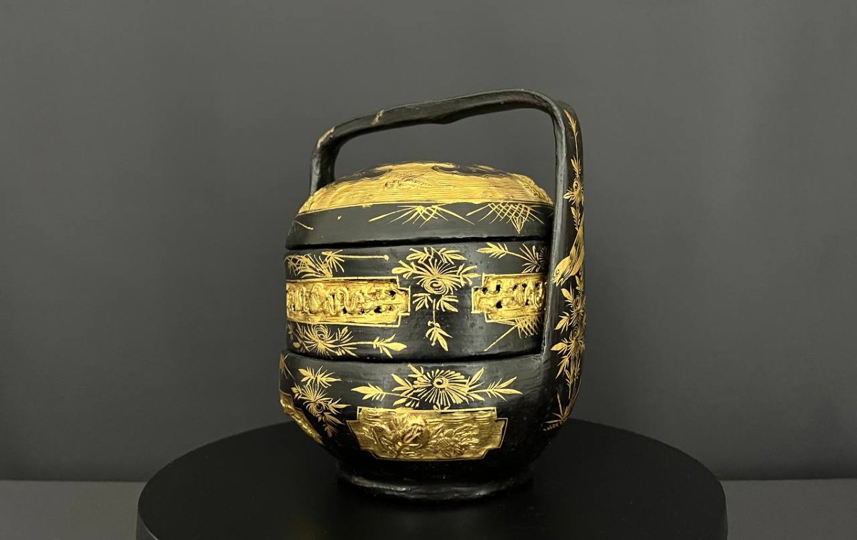 Ancien panier chinois en laque noire et or-photo-6