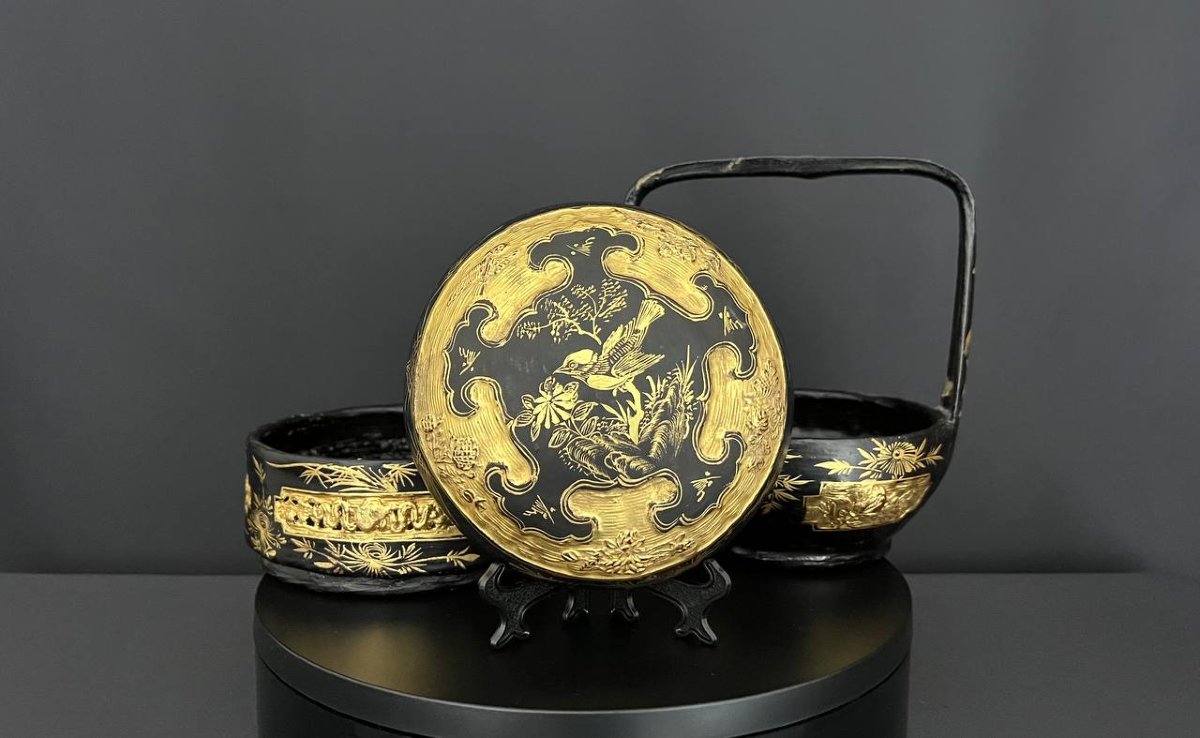 Ancien panier chinois en laque noire et or-photo-7