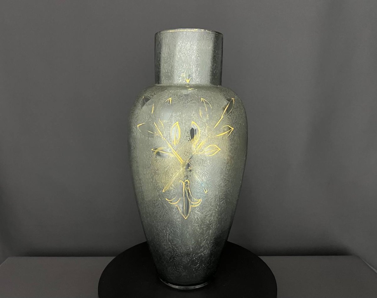 Grand vase balustre en verre gravé et doré-photo-4