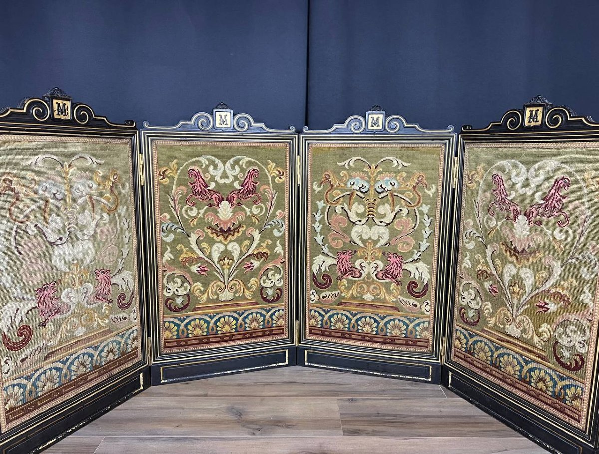 Antique Renaissance-style Four-panel Screen In Embroidered Tapestry-photo-3