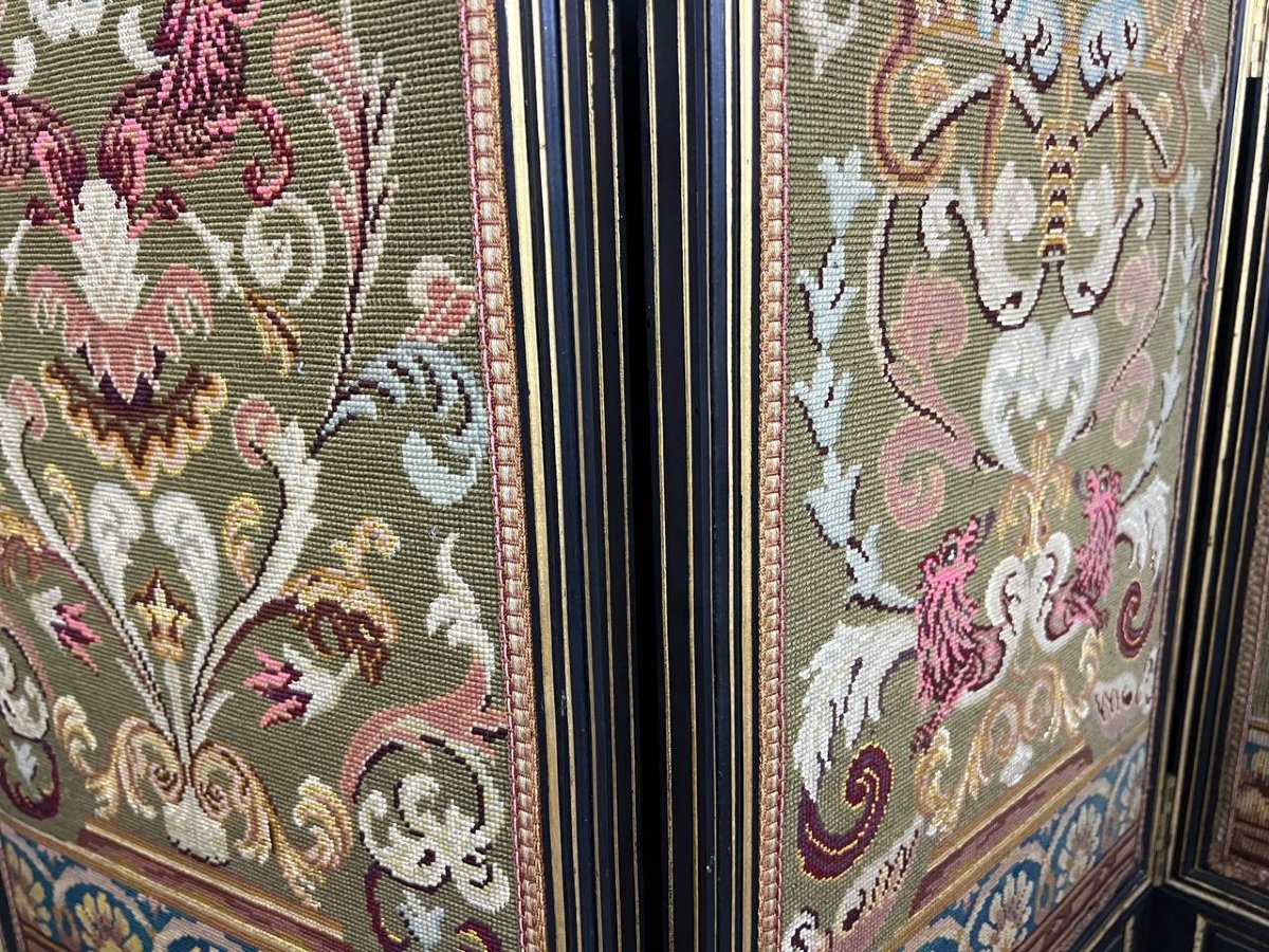 Antique Renaissance-style Four-panel Screen In Embroidered Tapestry-photo-5