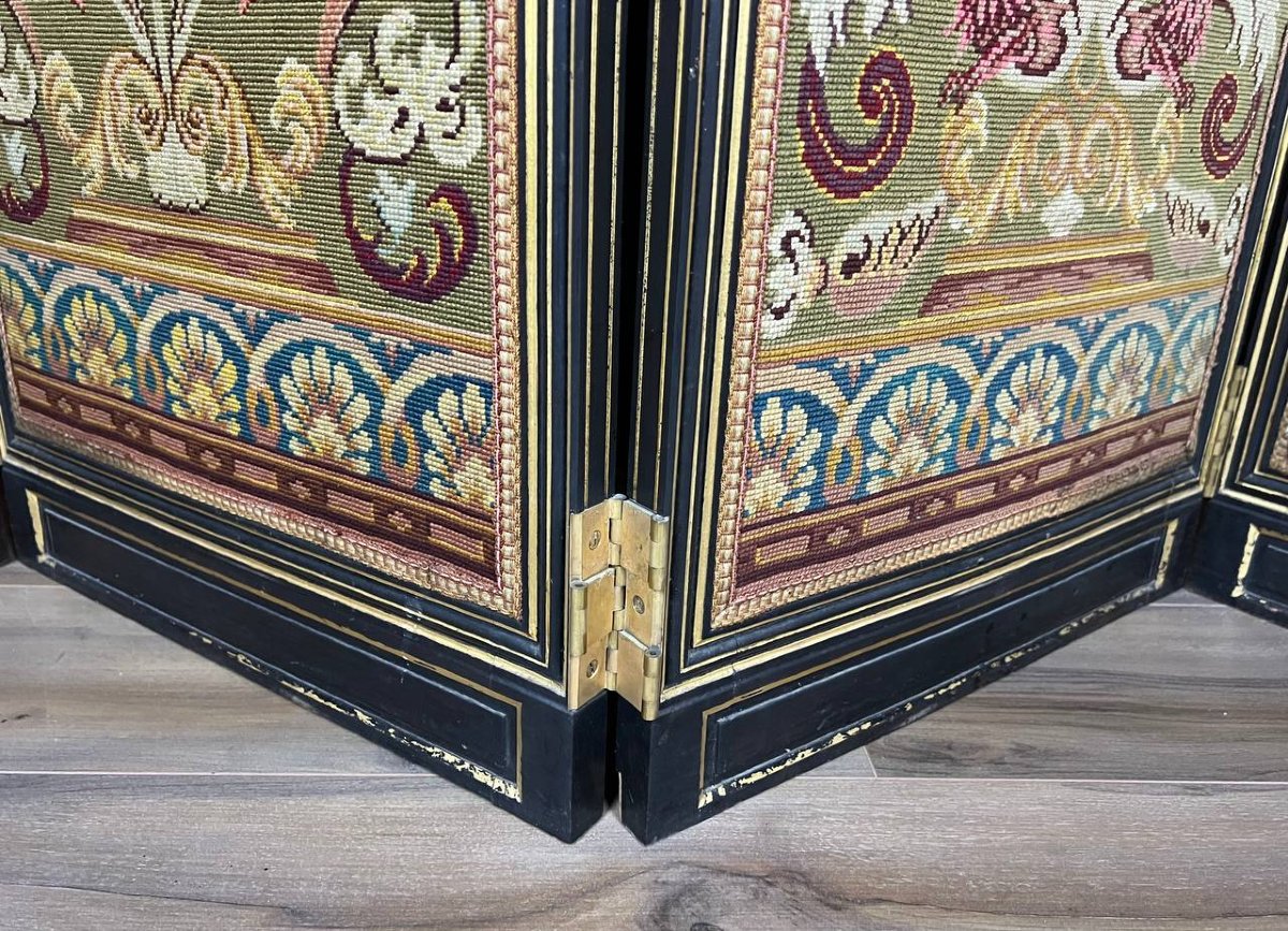 Antique Renaissance-style Four-panel Screen In Embroidered Tapestry-photo-6