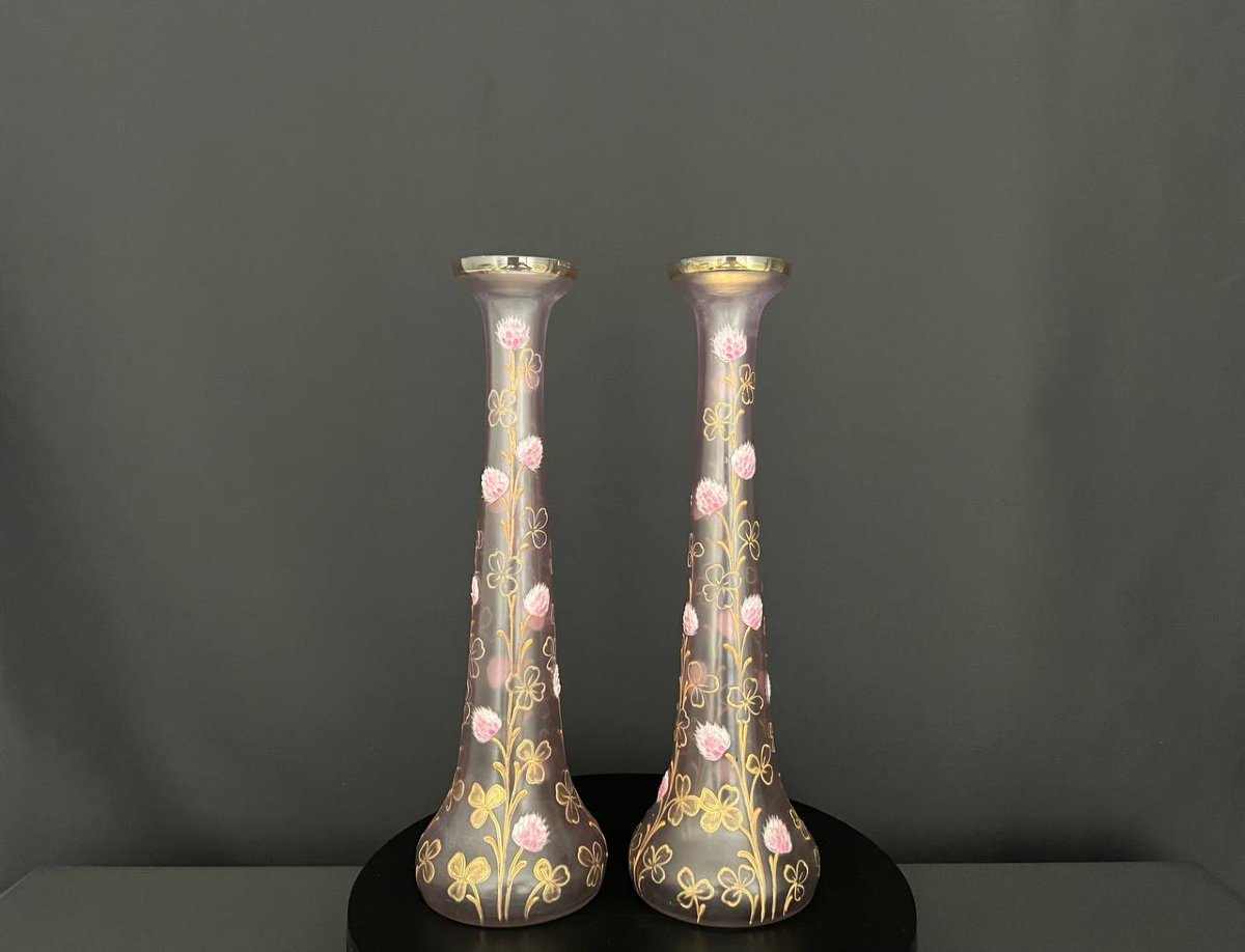 Pair Of Art Nouveau Vases In Enameled Glass With A Relief Decoration Of Clovers-photo-1