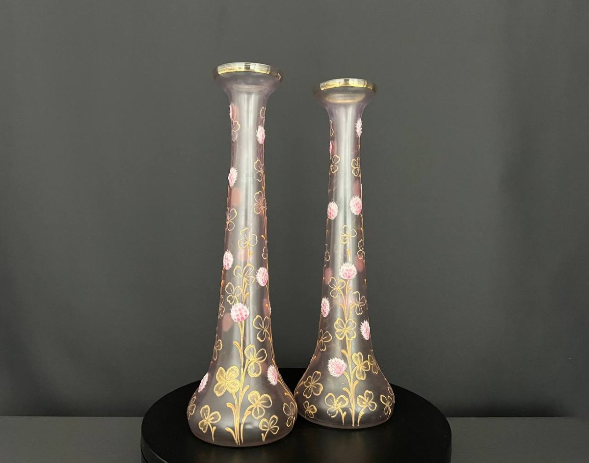 Pair Of Art Nouveau Vases In Enameled Glass With A Relief Decoration Of Clovers-photo-2