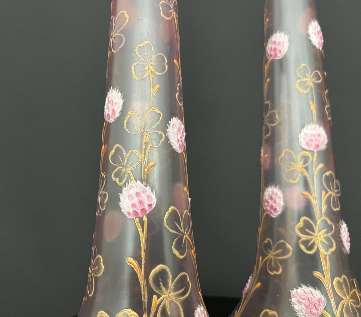 Pair Of Art Nouveau Vases In Enameled Glass With A Relief Decoration Of Clovers-photo-3