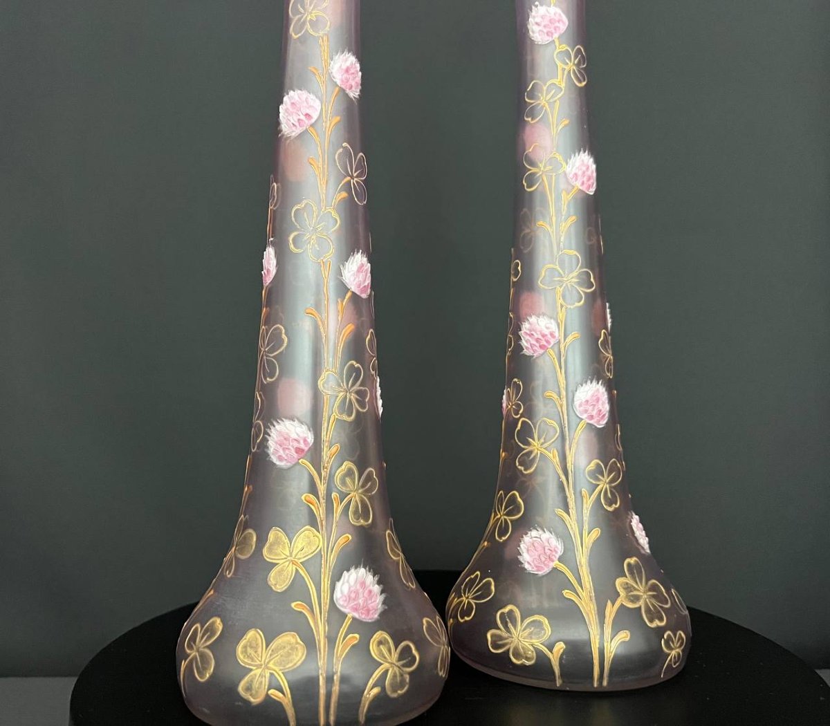 Pair Of Art Nouveau Vases In Enameled Glass With A Relief Decoration Of Clovers-photo-4