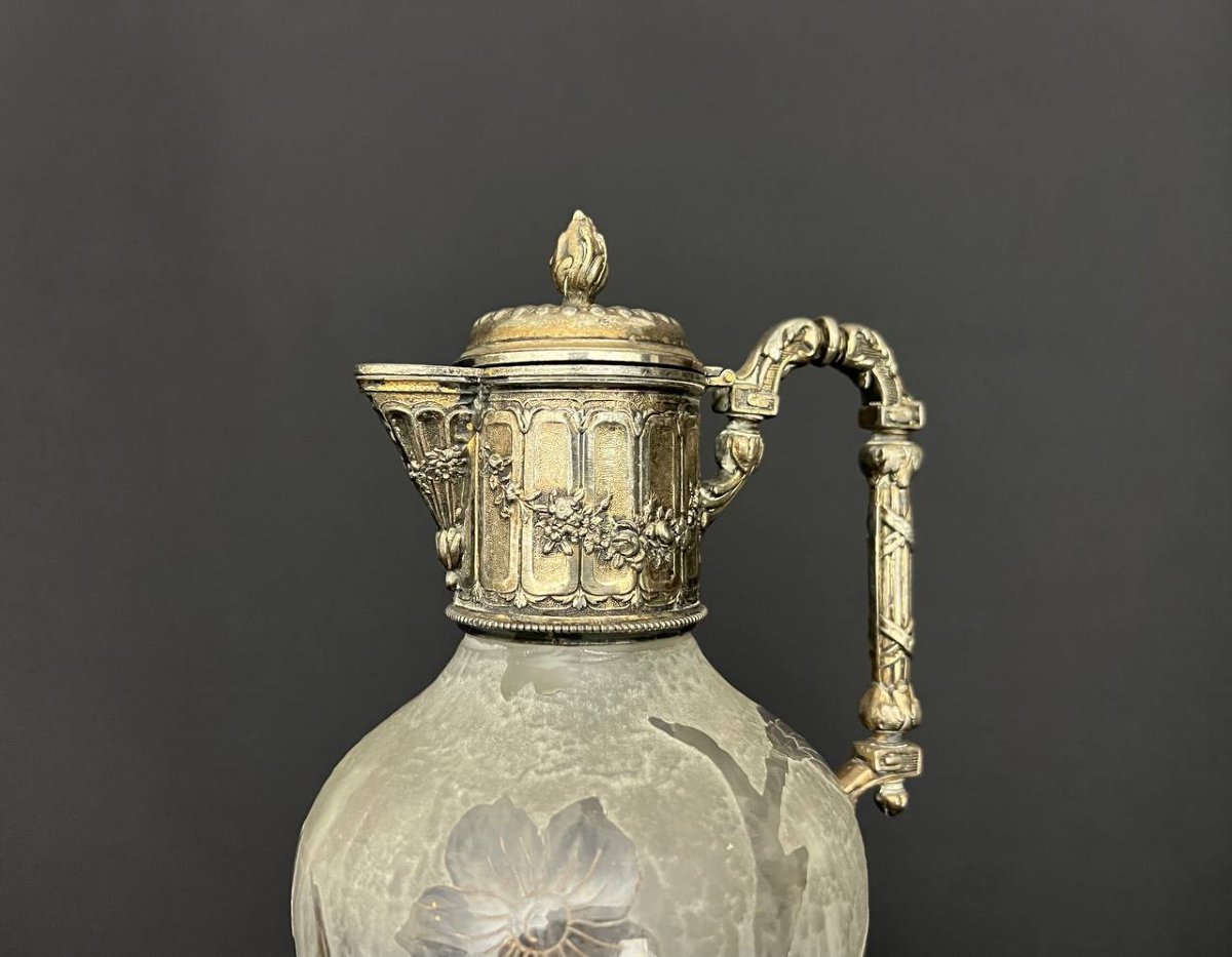 Antique Frosted Glass Carafe With Enameled Floral Decoration - Victor Sanglier-photo-2