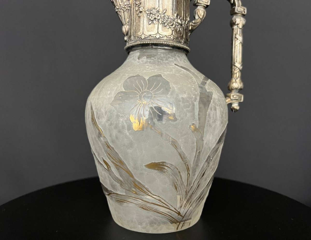 Antique Frosted Glass Carafe With Enameled Floral Decoration - Victor Sanglier-photo-3