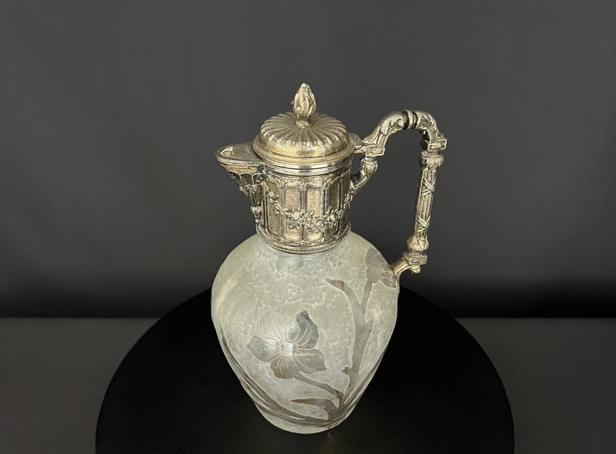 Antique Frosted Glass Carafe With Enameled Floral Decoration - Victor Sanglier-photo-3