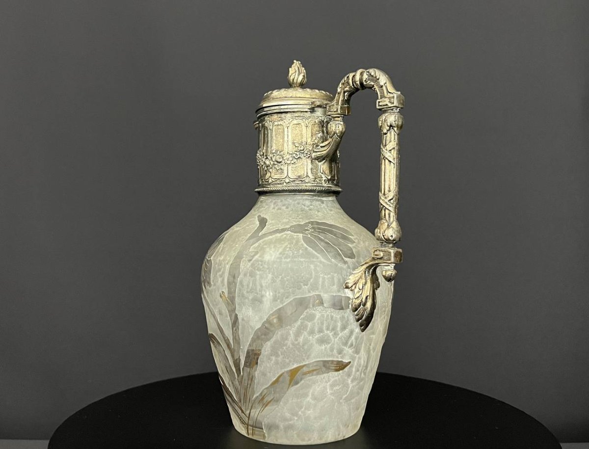 Antique Frosted Glass Carafe With Enameled Floral Decoration - Victor Sanglier-photo-4