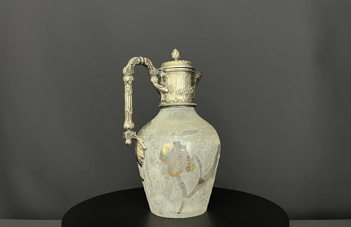 Antique Frosted Glass Carafe With Enameled Floral Decoration - Victor Sanglier-photo-5