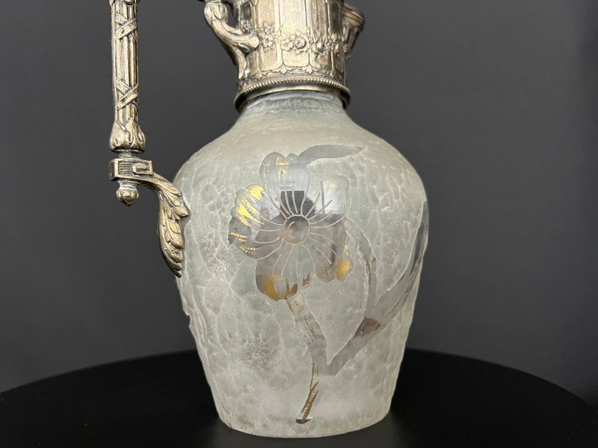 Antique Frosted Glass Carafe With Enameled Floral Decoration - Victor Sanglier-photo-6