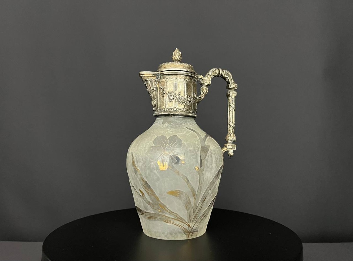 Antique Frosted Glass Carafe With Enameled Floral Decoration - Victor Sanglier
