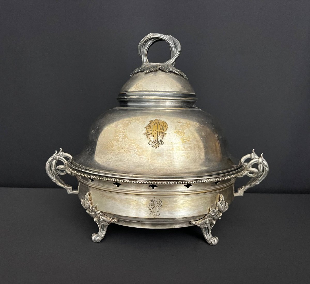 Ancien réchaud de table en métal argenté, fin XIXe siècle-photo-2