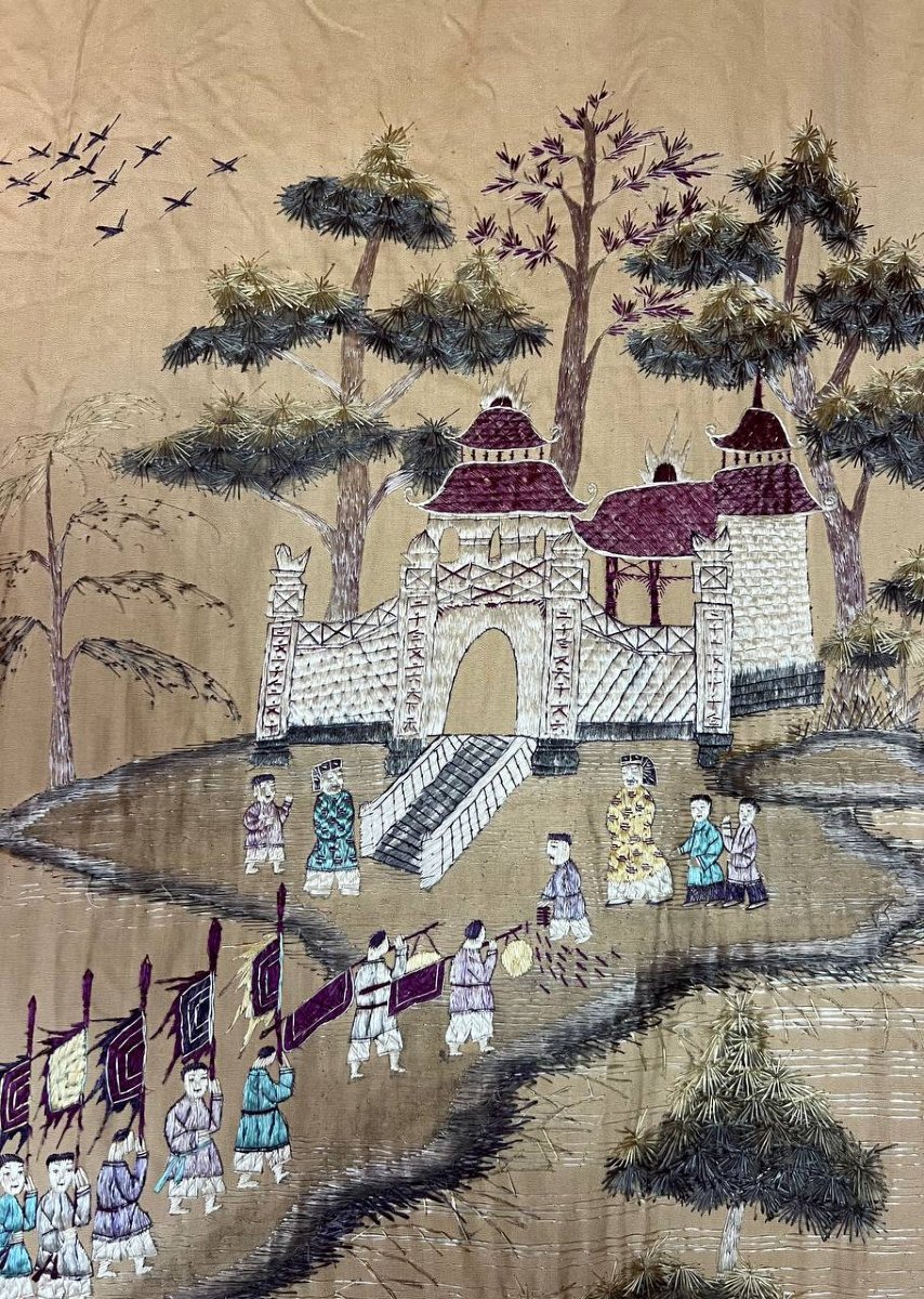 Grande broderie asiatique en soie – scène de procession cérémonielle – XIXe/XXe siècle-photo-1