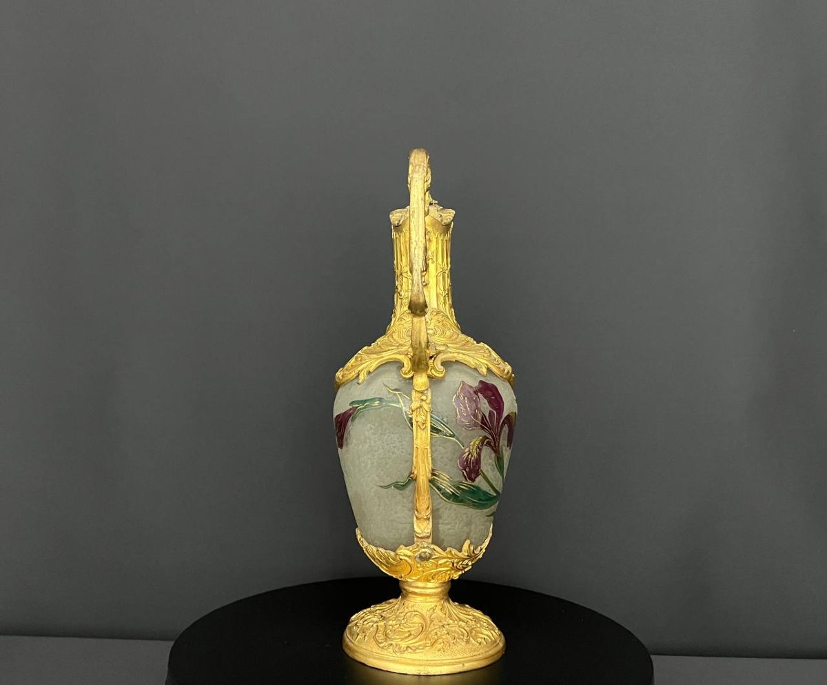 Antique Frosted Glass Ewer With Floral Decoration - Legras & Cie-photo-4