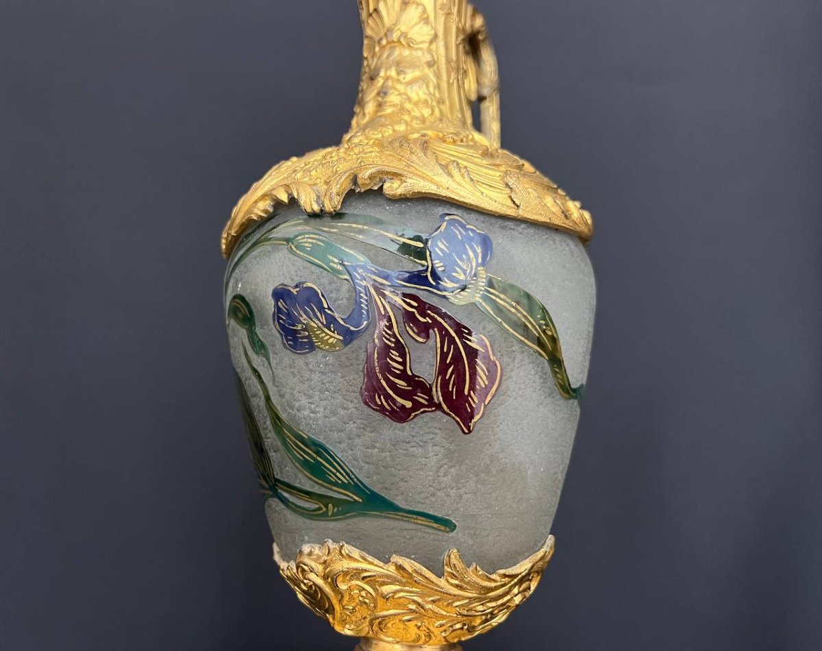 Antique Frosted Glass Ewer With Floral Decoration - Legras & Cie-photo-1