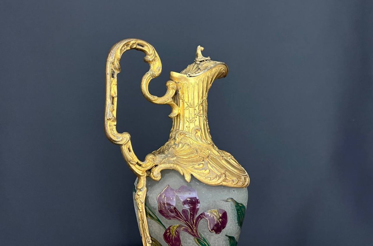 Antique Frosted Glass Ewer With Floral Decoration - Legras & Cie-photo-2