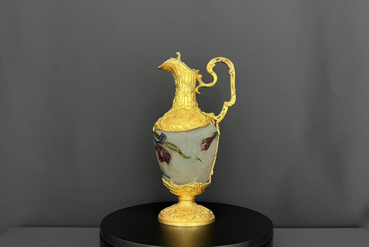 Antique Frosted Glass Ewer With Floral Decoration - Legras & Cie