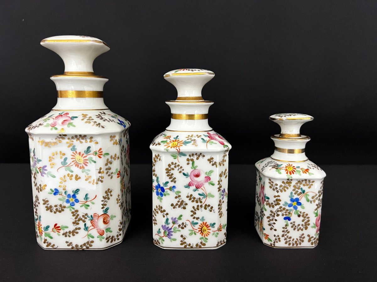 Set Of Three French Porcelain Bottles – Floral Decoration -photo-3