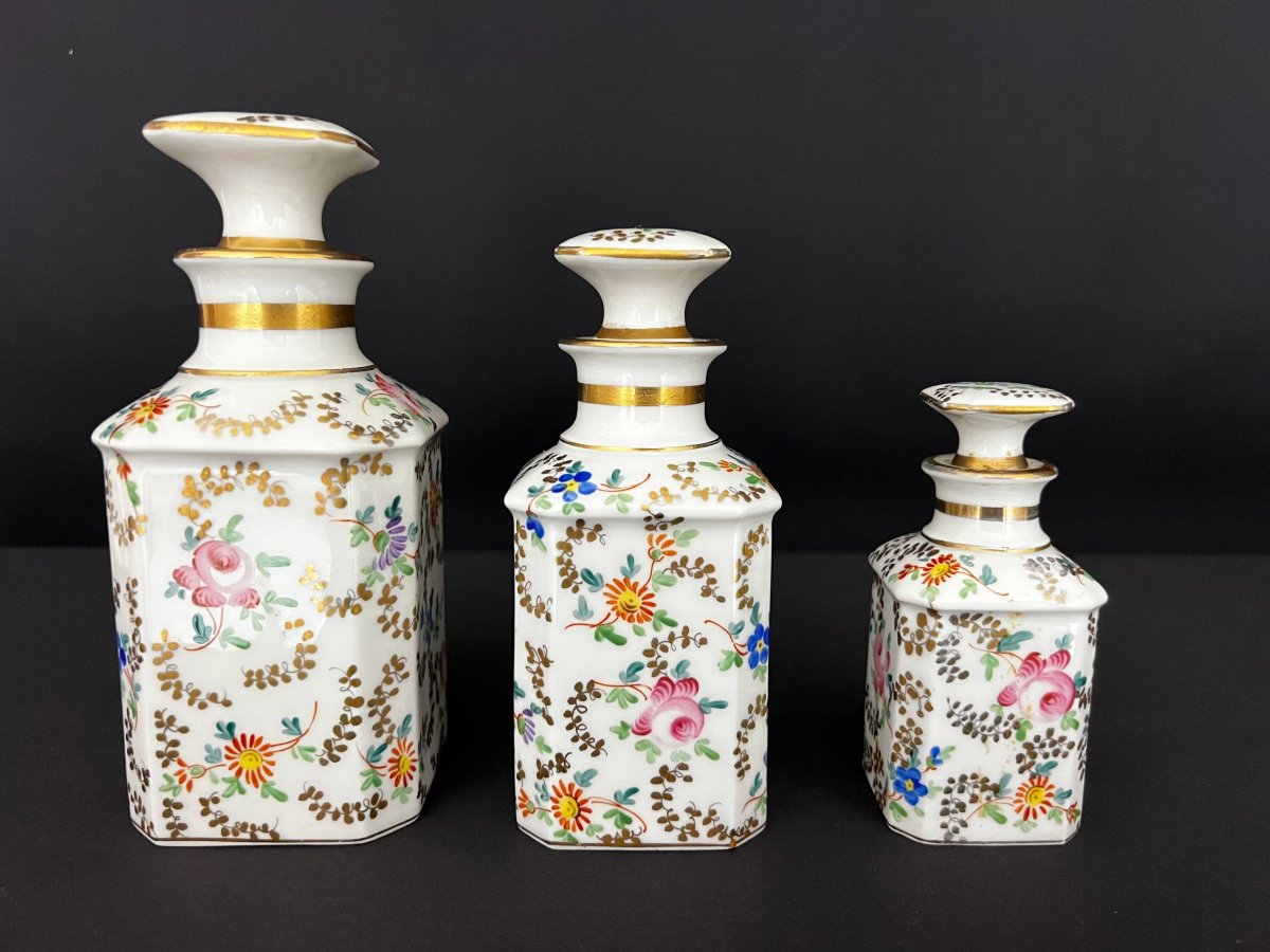 Set Of Three French Porcelain Bottles – Floral Decoration -photo-2