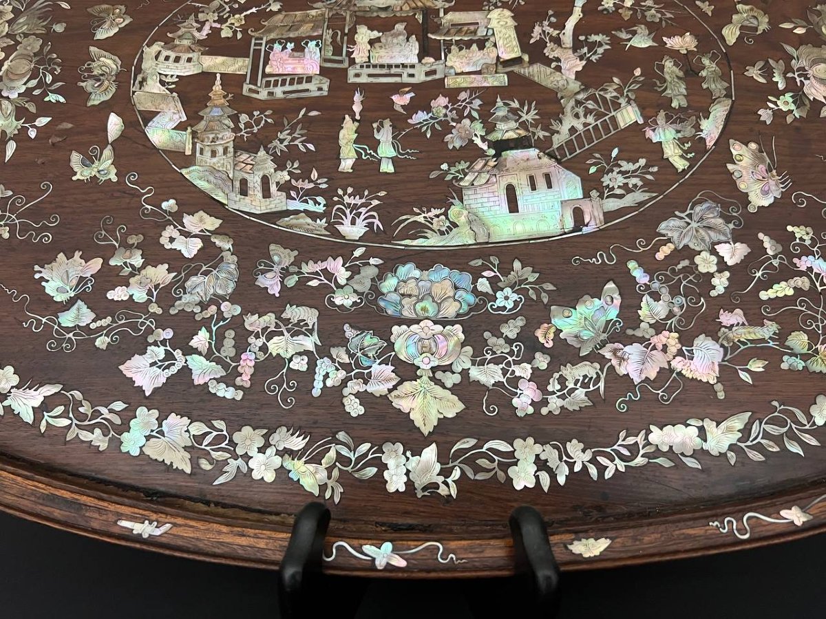 Plateau décoratif asiatique en bois exotique incrusté de nacre-photo-2