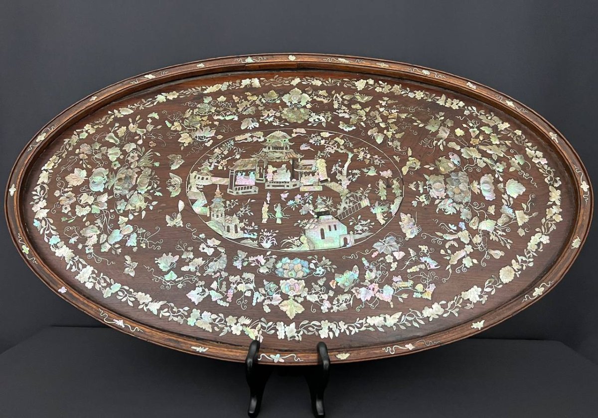 Plateau décoratif asiatique en bois exotique incrusté de nacre-photo-3