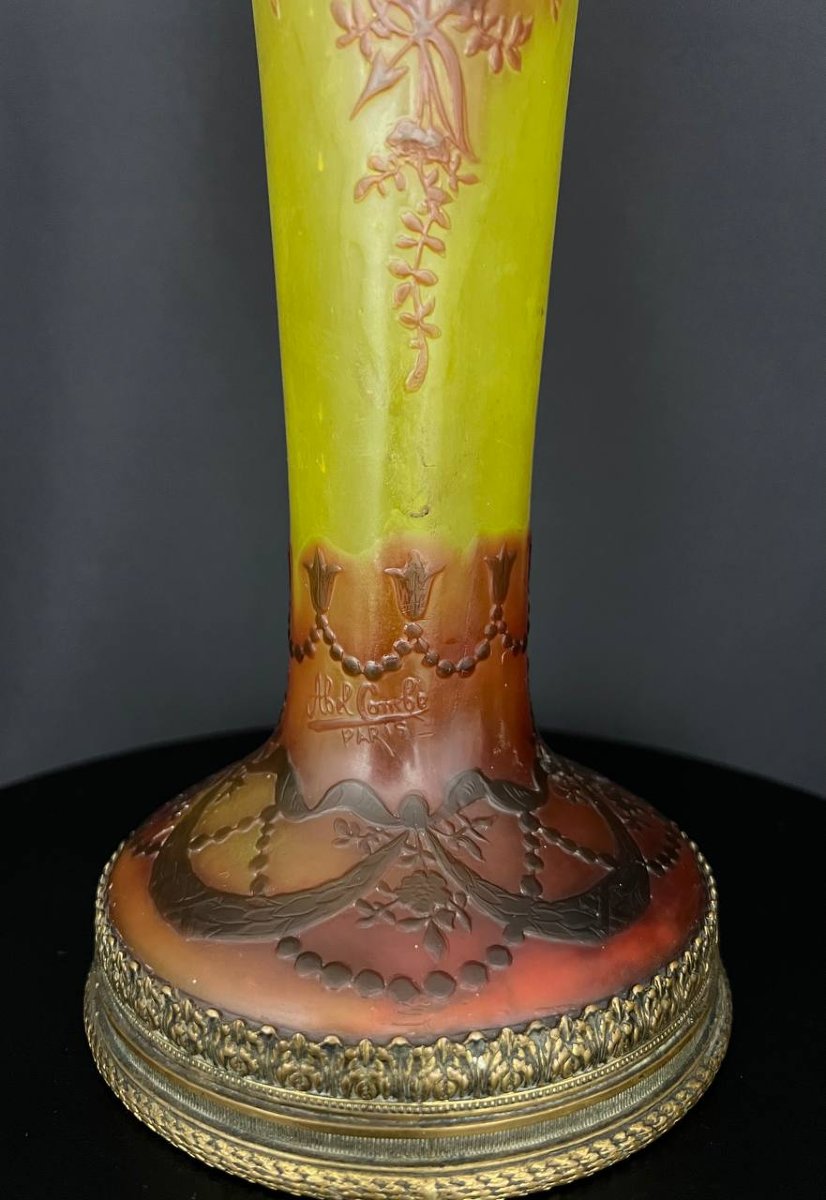 Vase en verre multicouche gravé à l’acide signé Abel Combe Paris, monture en bronze, vers 1900-photo-3