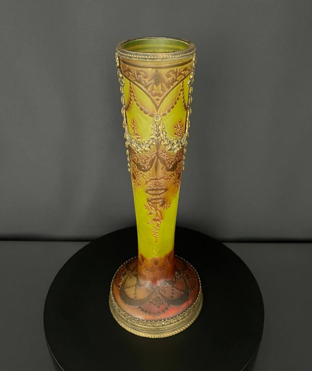 Vase en verre multicouche gravé à l’acide signé Abel Combe Paris, monture en bronze, vers 1900-photo-4