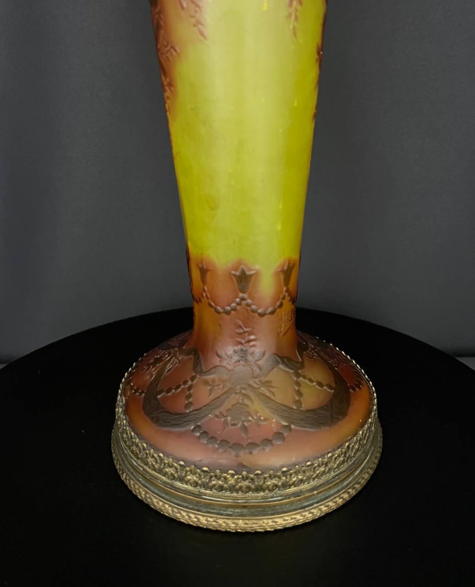 Vase en verre multicouche gravé à l’acide signé Abel Combe Paris, monture en bronze, vers 1900-photo-3