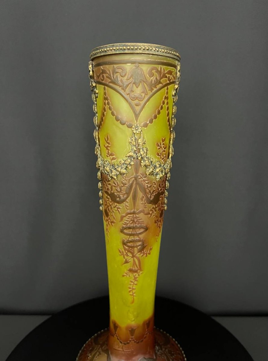 Vase en verre multicouche gravé à l’acide signé Abel Combe Paris, monture en bronze, vers 1900-photo-4