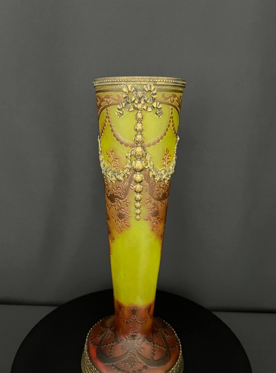 Vase en verre multicouche gravé à l’acide signé Abel Combe Paris, monture en bronze, vers 1900-photo-5