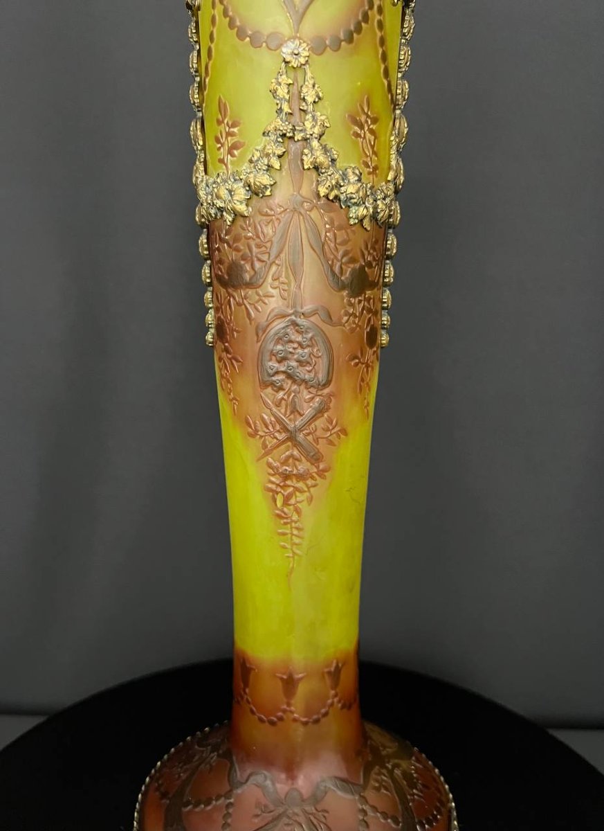 Vase en verre multicouche gravé à l’acide signé Abel Combe Paris, monture en bronze, vers 1900-photo-6