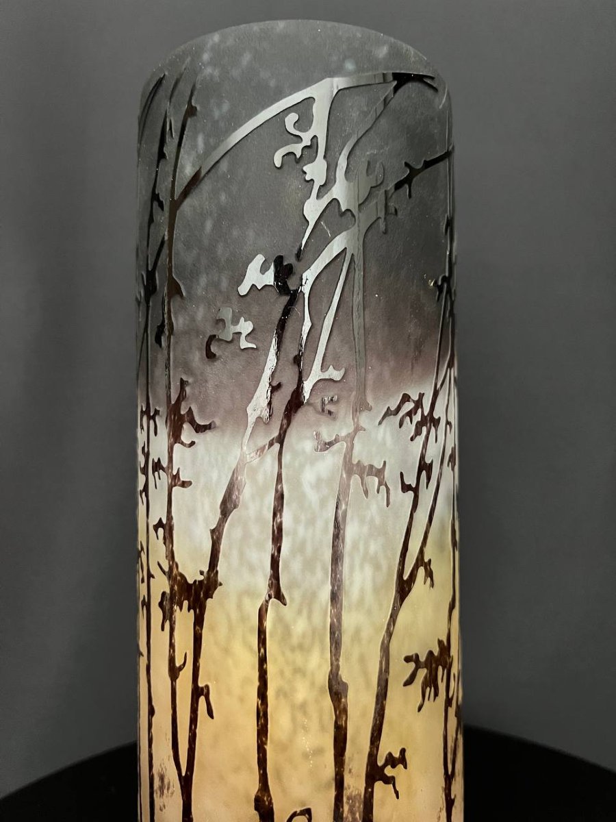 Vase en verre camée multicouche à décor végétal dégagé à l’acide-photo-2