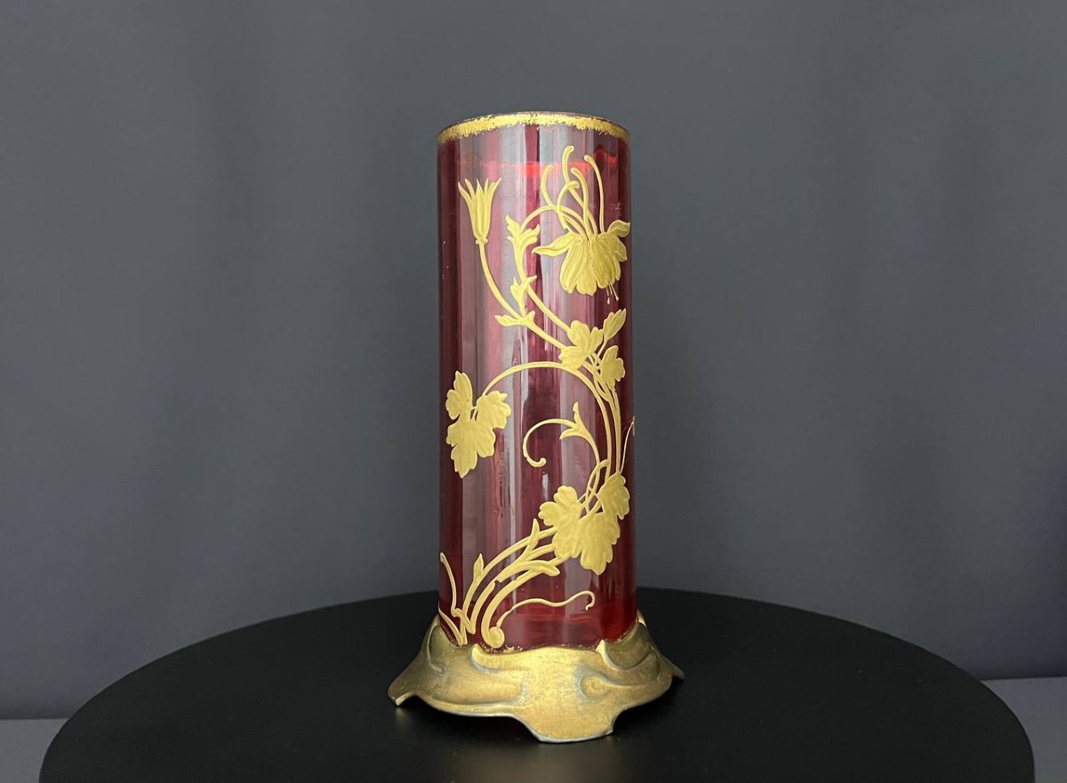 Vase en cristal rubis doré, monture en bronze, attribué à Baccarat-photo-2