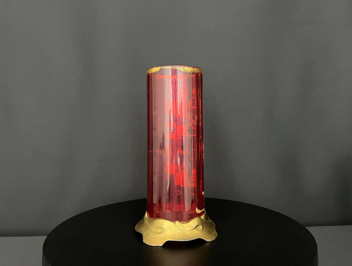 Vase en cristal rubis doré, monture en bronze, attribué à Baccarat-photo-2