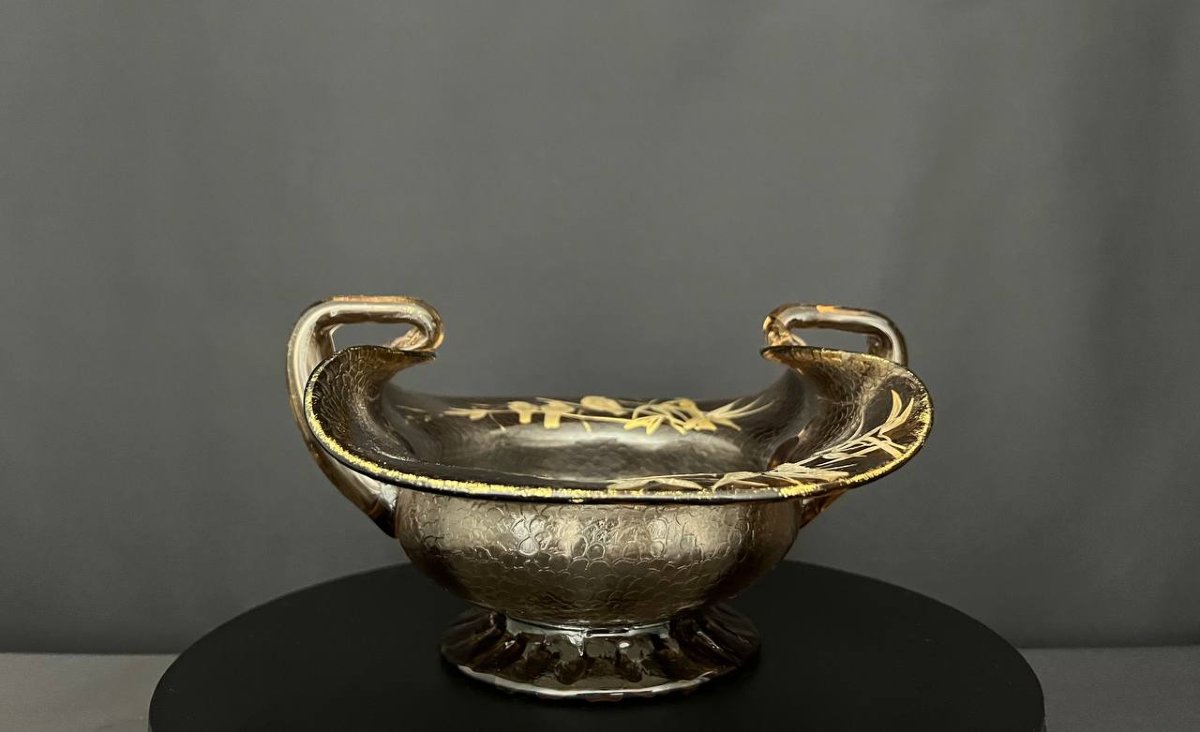 Smoked Glass Bowl With Embossed Gold Decoration Of Bamboo And Birds-photo-3