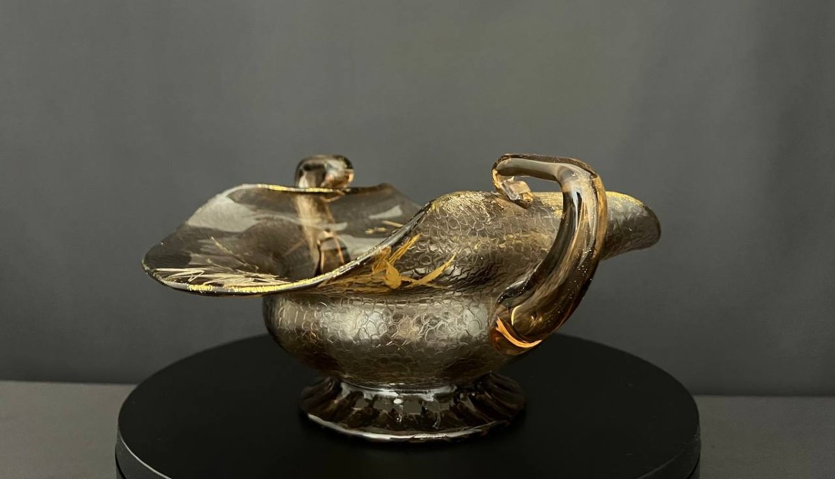Smoked Glass Bowl With Embossed Gold Decoration Of Bamboo And Birds-photo-4