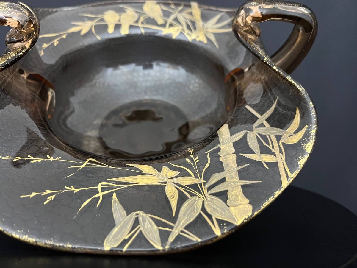 Smoked Glass Bowl With Embossed Gold Decoration Of Bamboo And Birds-photo-1