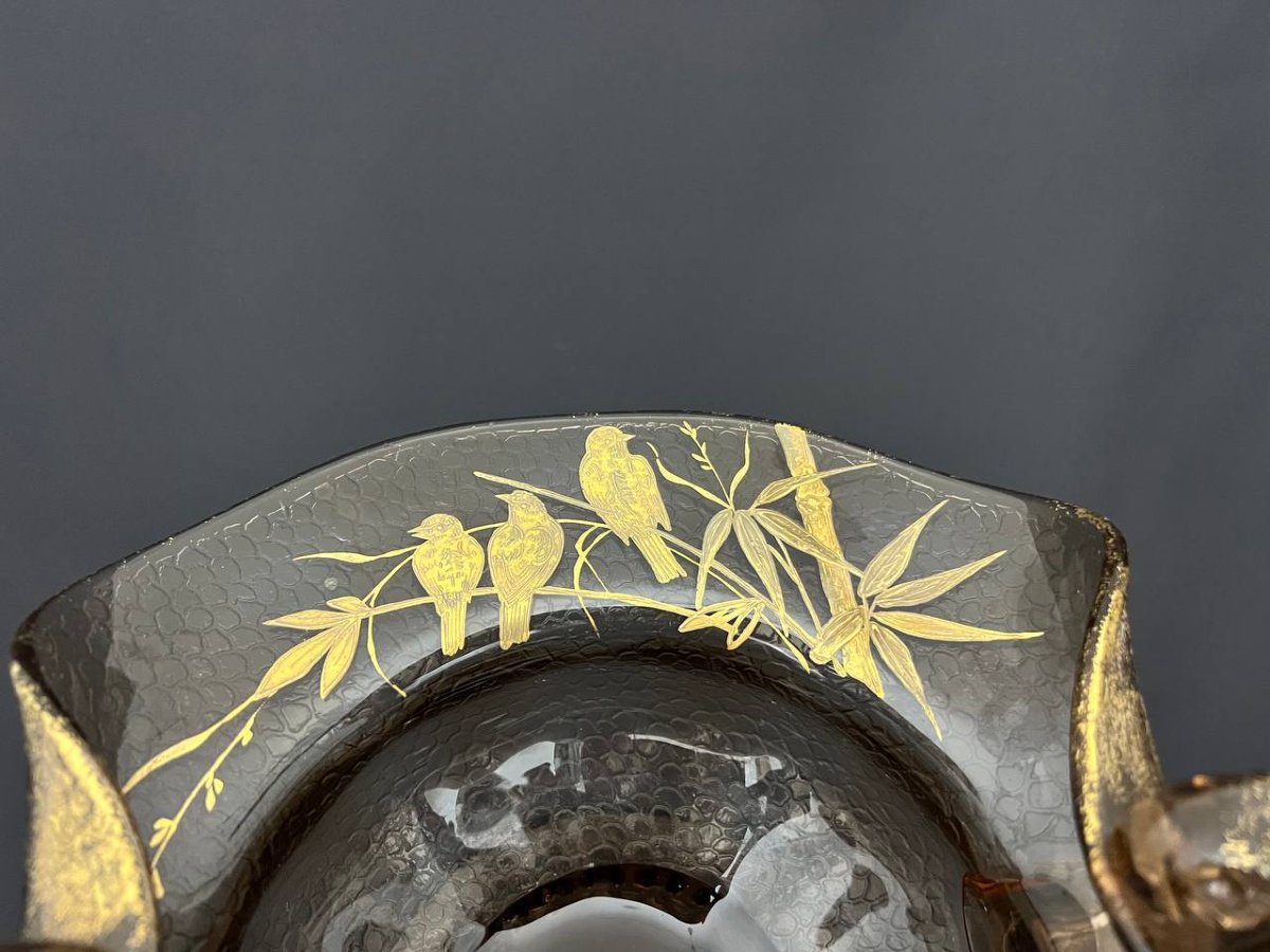 Smoked Glass Bowl With Embossed Gold Decoration Of Bamboo And Birds-photo-2