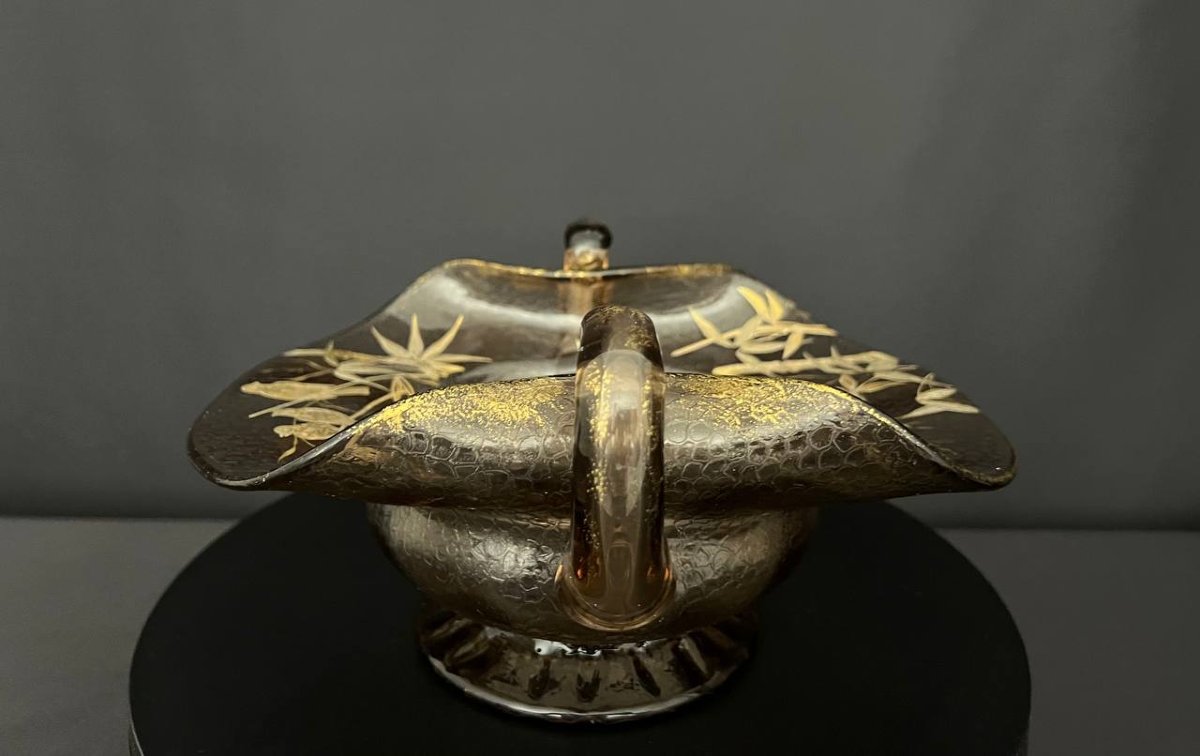 Smoked Glass Bowl With Embossed Gold Decoration Of Bamboo And Birds-photo-3