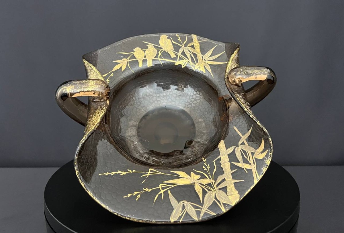 Smoked Glass Bowl With Embossed Gold Decoration Of Bamboo And Birds