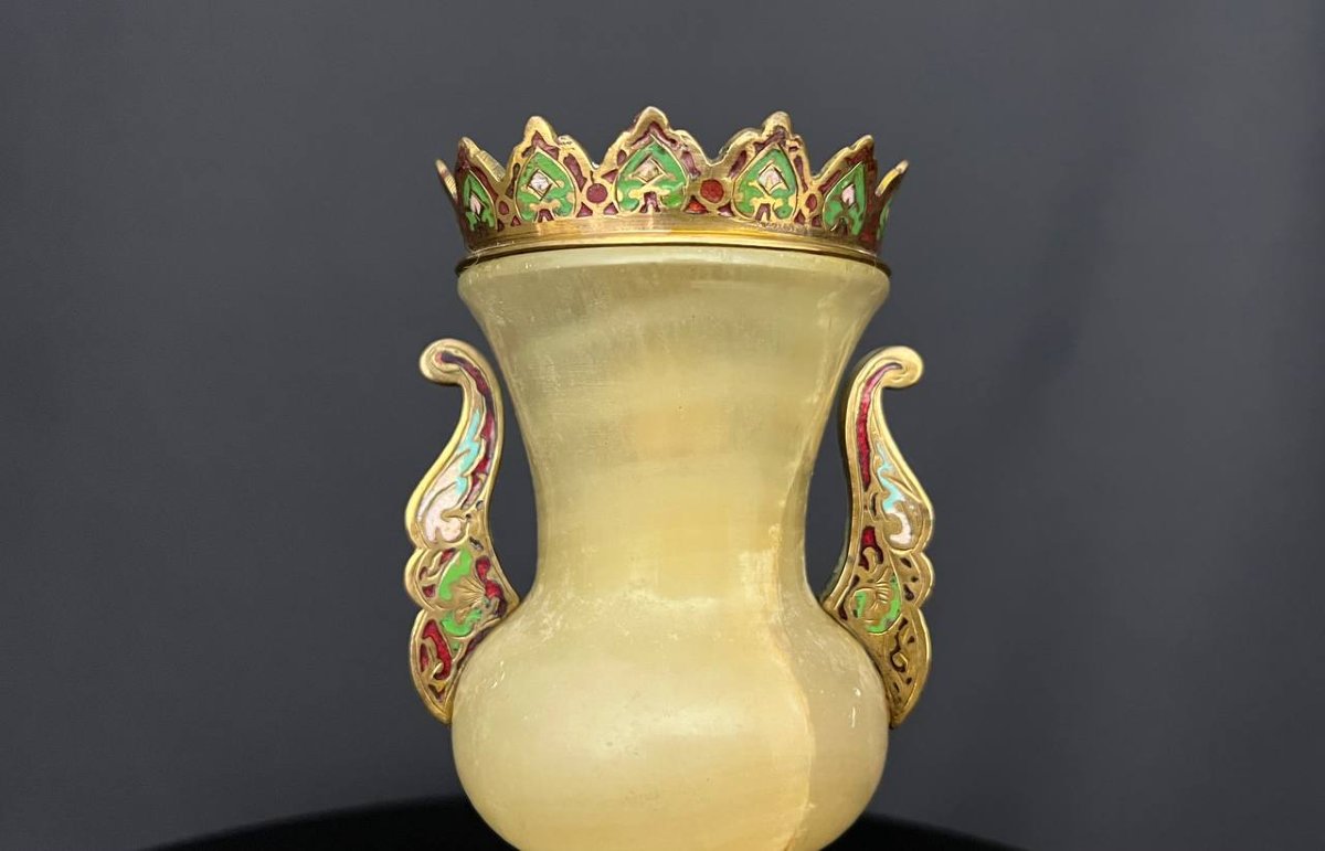 Vase In Green Onyx And Bronze With Cloisonné Enamels-photo-3
