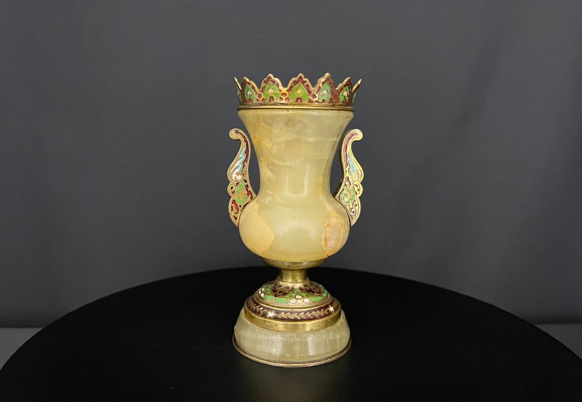 Vase In Green Onyx And Bronze With Cloisonné Enamels