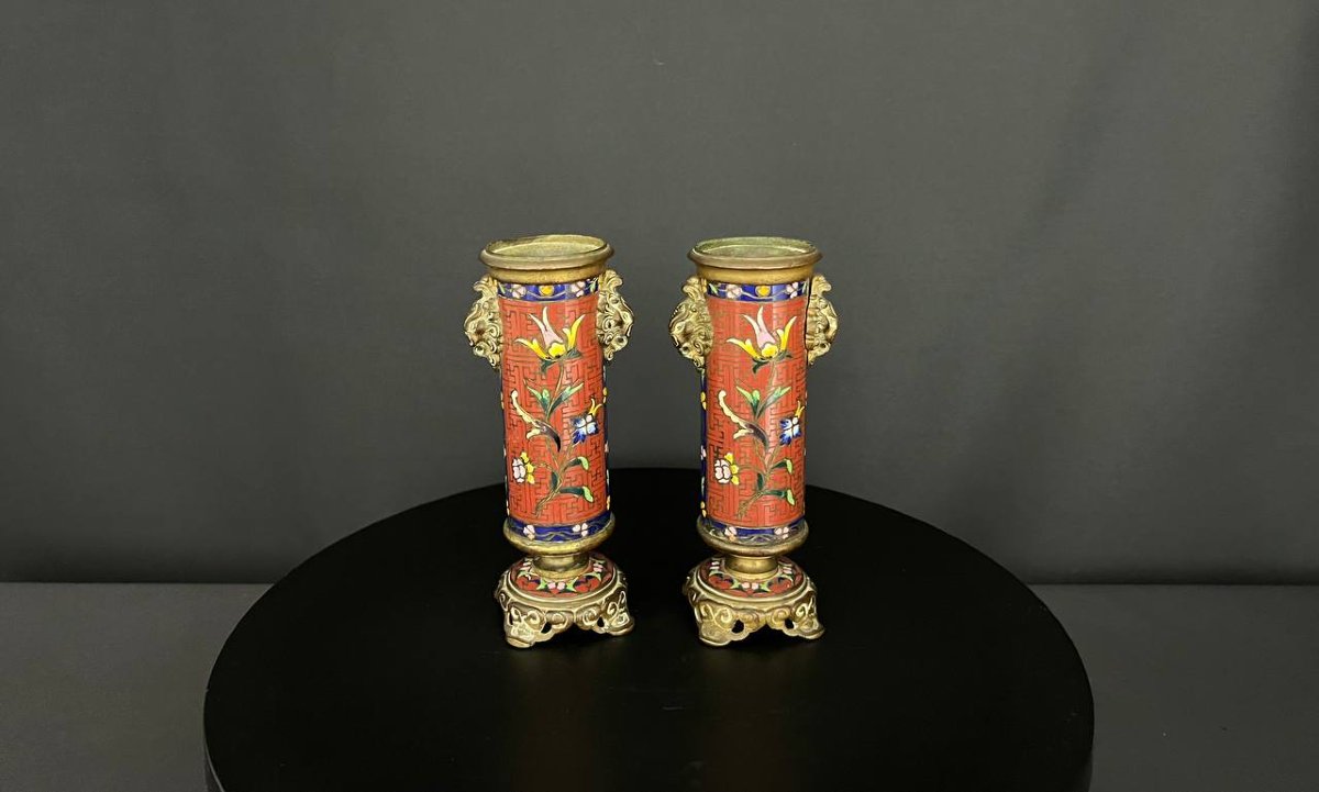 Pair Of Bronze Vases With Cloisonné Enamels-photo-3