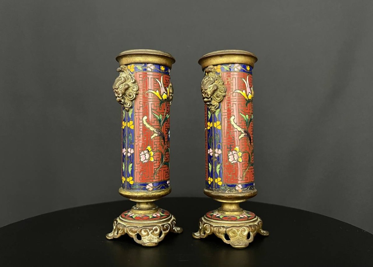 Pair Of Bronze Vases With Cloisonné Enamels-photo-4