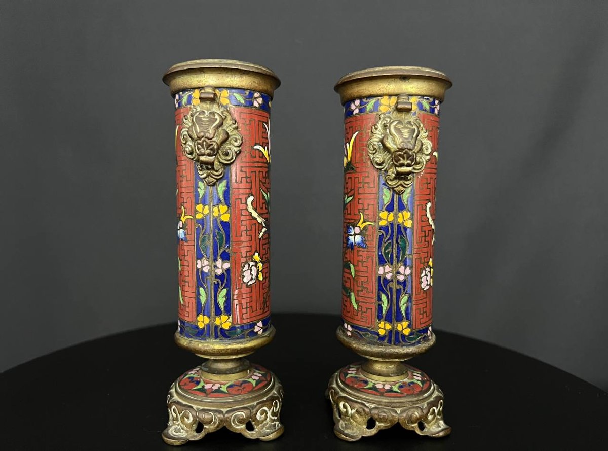 Pair Of Bronze Vases With Cloisonné Enamels-photo-3